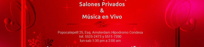 Popocatépetl 25, esq. Amsterdam Hipódromo Condesa. tel. 5525-2473 5511-7390. lun a sáb 1:30 pm a 2:00 am